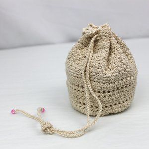 Cream Crocheted Short Top Round Drawstring Pouch Bag
